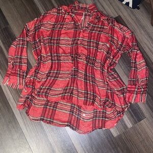 Free People Red Plaid Long Sleeve Shirt